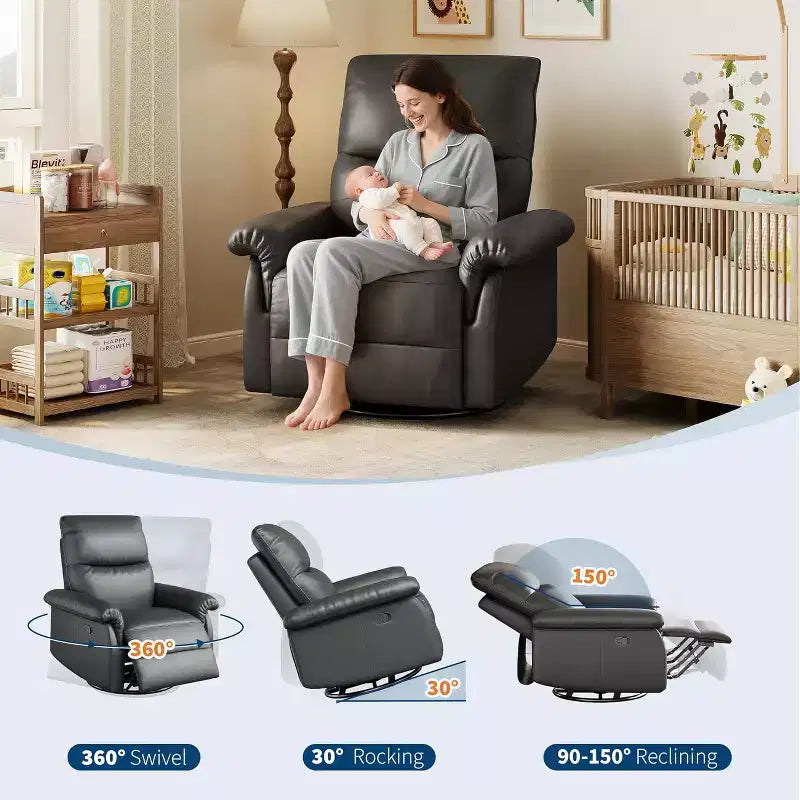 Fauteuil inclinable manuel, fauteuil d'allaitement à bascule et pivotant à 360° avec accoudoirs rembourrés et assise profonde, fauteuil inclinable moderne en cuir PU