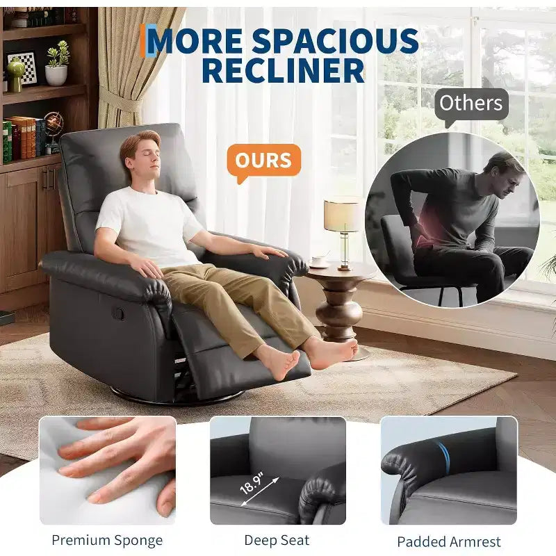 Fauteuil inclinable manuel, fauteuil d'allaitement à bascule et pivotant à 360° avec accoudoirs rembourrés et assise profonde, fauteuil inclinable moderne en cuir PU