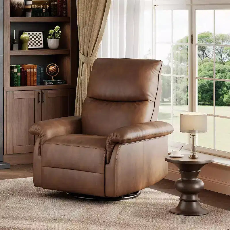 Fauteuil inclinable manuel, fauteuil d'allaitement à bascule et pivotant à 360° avec accoudoirs rembourrés et assise profonde, fauteuil inclinable moderne en cuir PU