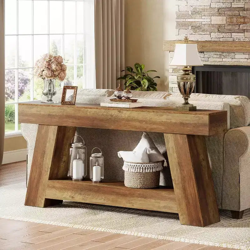 Console en bois à 2 niveaux de 180 cm avec étagère de rangement ouverte – Marron