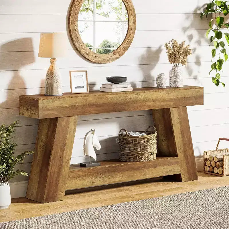 Console en bois à 2 niveaux de 180 cm avec étagère de rangement ouverte – Marron