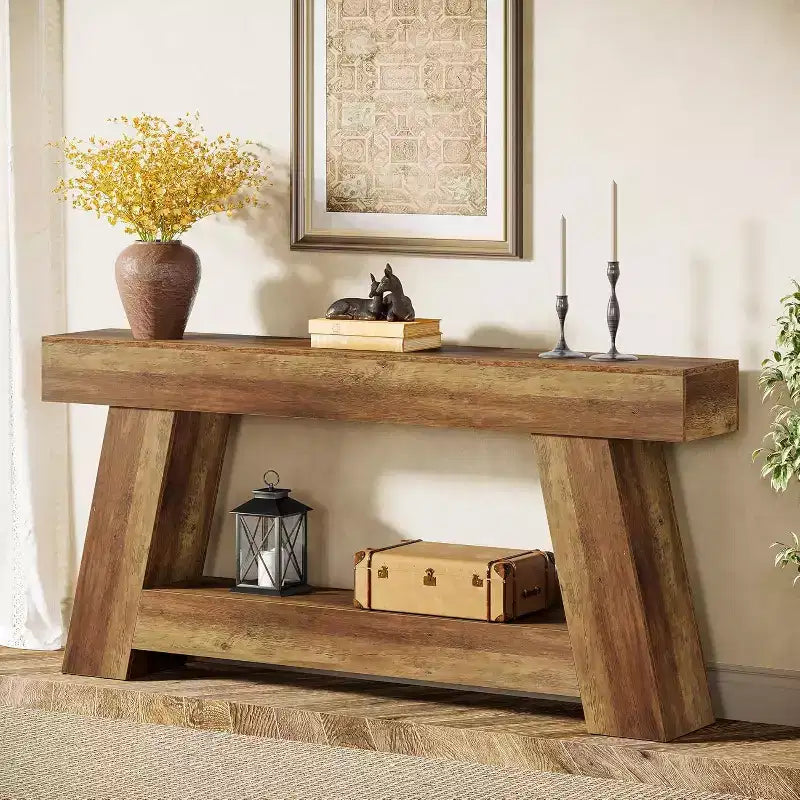 Console en bois à 2 niveaux de 180 cm avec étagère de rangement ouverte – Marron