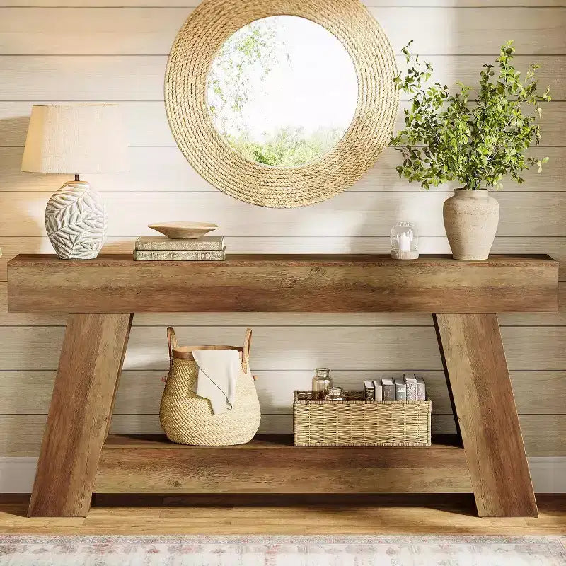 Console en bois à 2 niveaux de 180 cm avec étagère de rangement ouverte – Marron