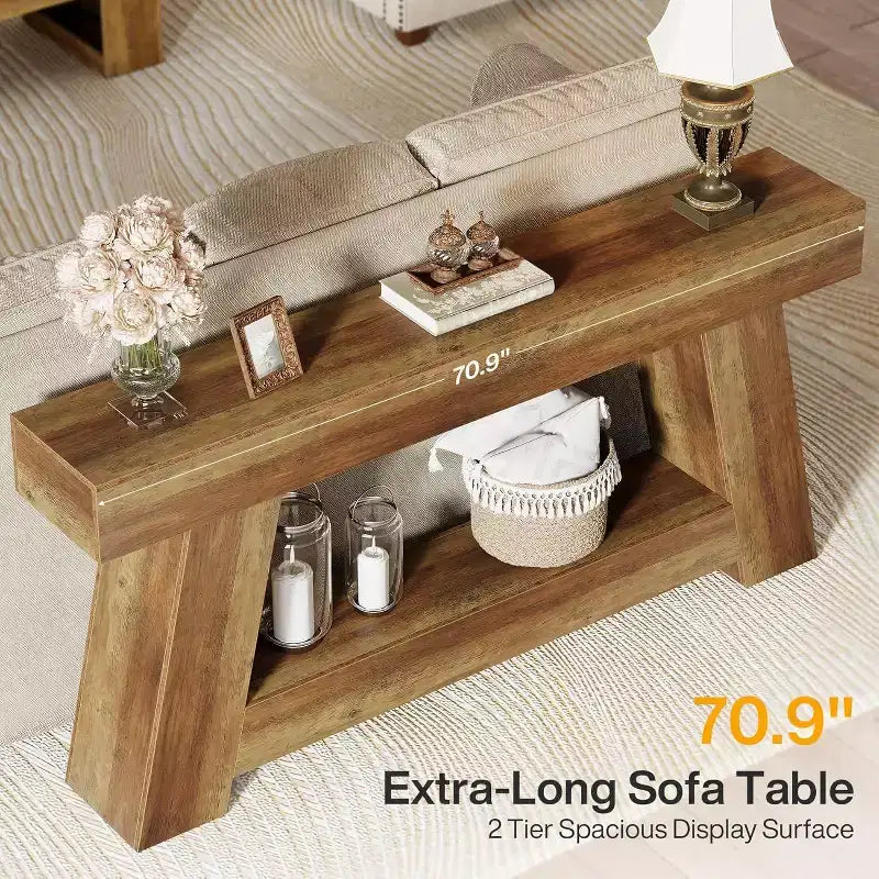 Console en bois à 2 niveaux de 180 cm avec étagère de rangement ouverte – Marron