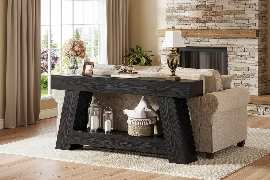 Console en bois à 2 niveaux de 180 cm avec étagère de rangement ouverte – Marron