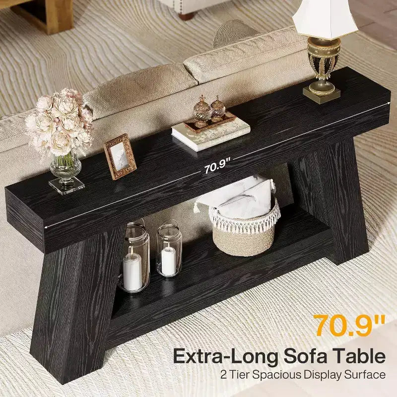 Console en bois à 2 niveaux de 180 cm avec étagère de rangement ouverte – Marron