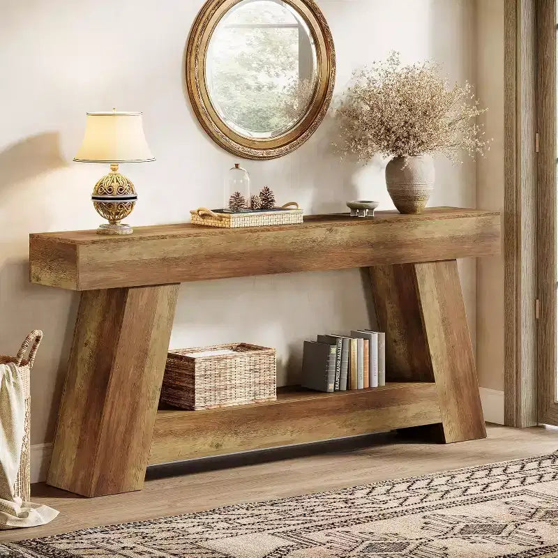 Console en bois à 2 niveaux de 180 cm avec étagère de rangement ouverte – Marron
