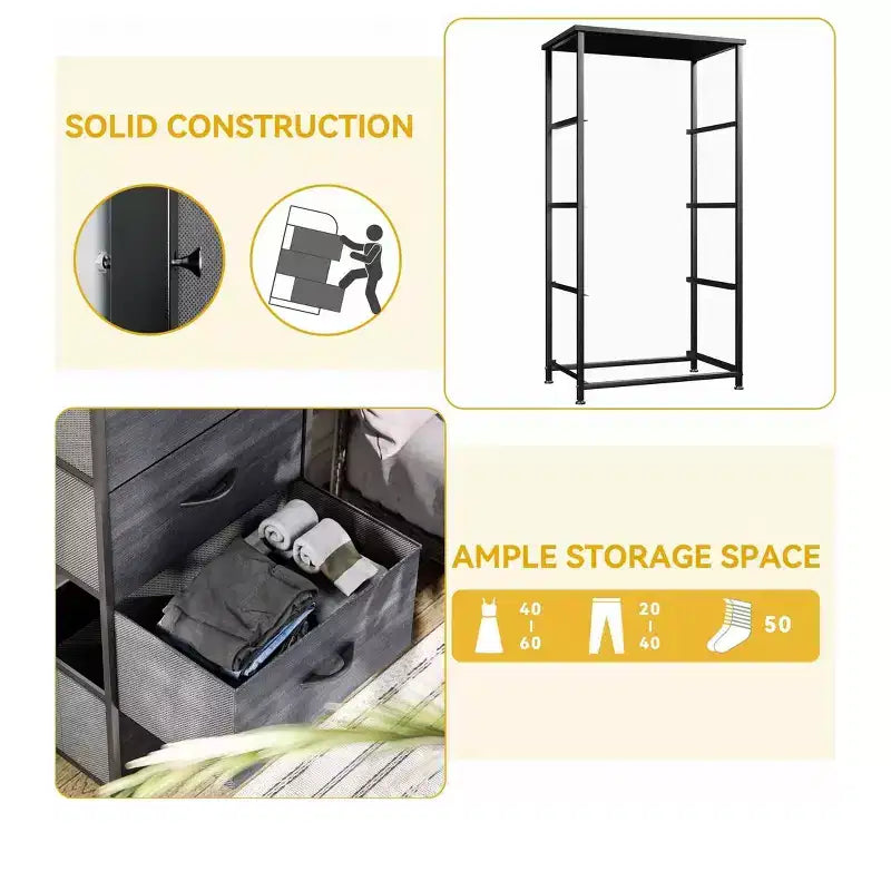 Commode à 4 tiroirs, tour de rangement en tissu, unité d'organisation pour salon, couloir, placards, cadre en acier robuste, plateau en bois