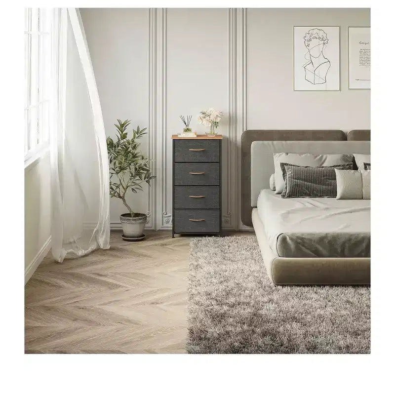 Commode à 4 tiroirs, tour de rangement en tissu, unité d'organisation pour salon, couloir, placards, cadre en acier robuste, plateau en bois