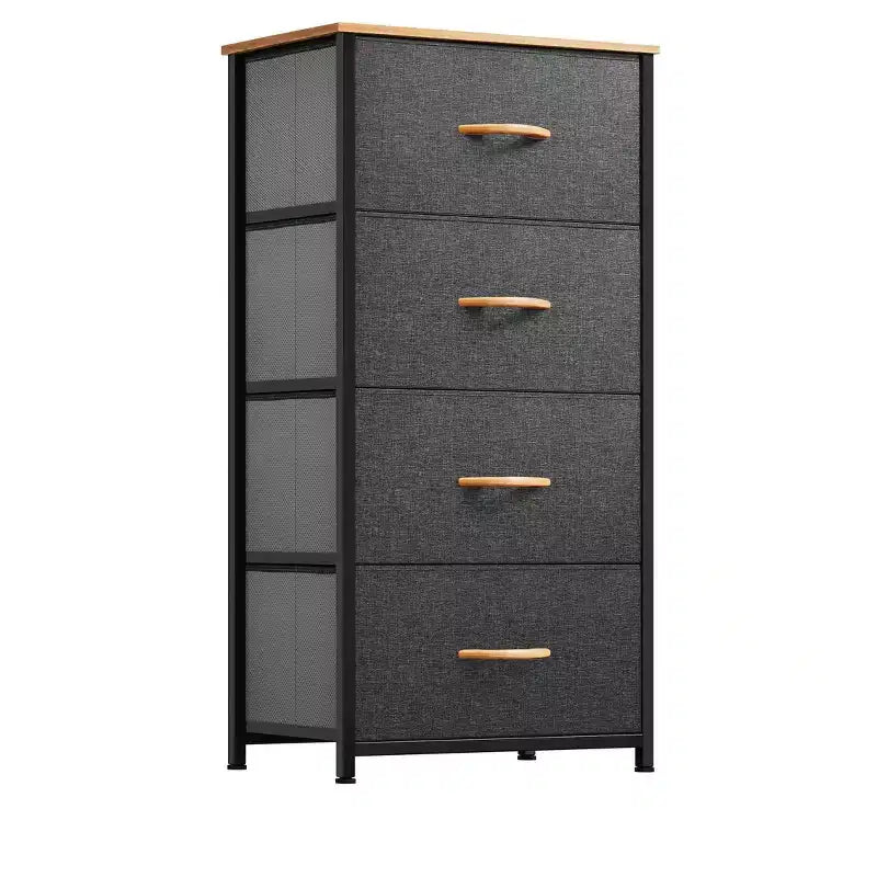 Commode à 4 tiroirs, tour de rangement en tissu, unité d'organisation pour salon, couloir, placards, cadre en acier robuste, plateau en bois