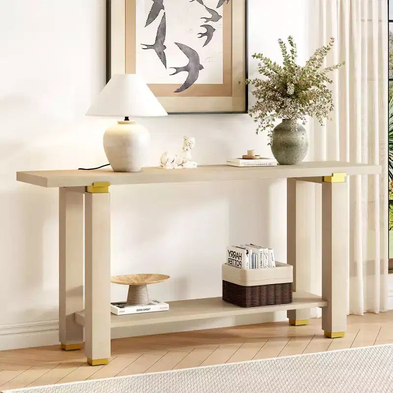 Console étroite moderne de 160 cm avec accents métalliques et étagère ouverte – Naturel