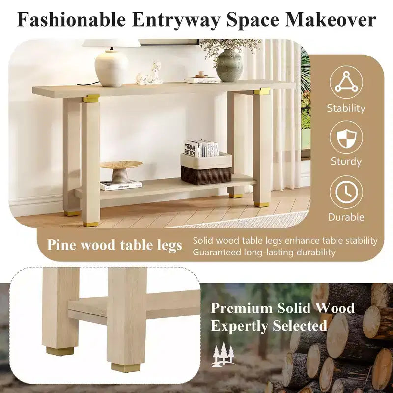Console étroite moderne de 160 cm avec accents métalliques et étagère ouverte – Naturel