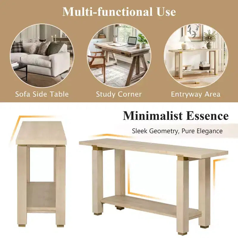 Console étroite moderne de 160 cm avec accents métalliques et étagère ouverte – Naturel