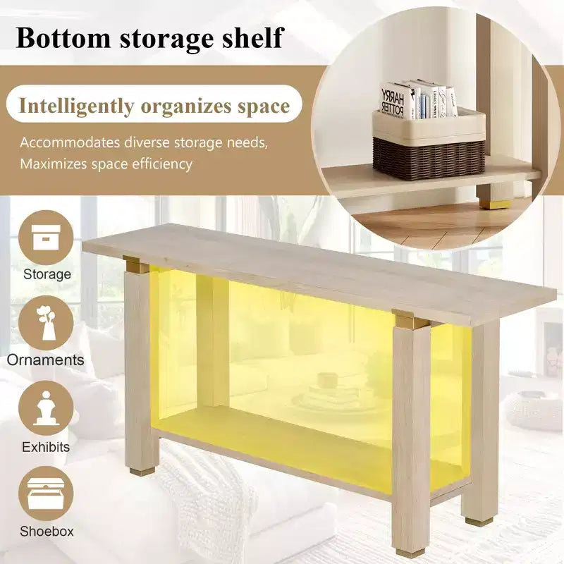 Console étroite moderne de 160 cm avec accents métalliques et étagère ouverte – Naturel