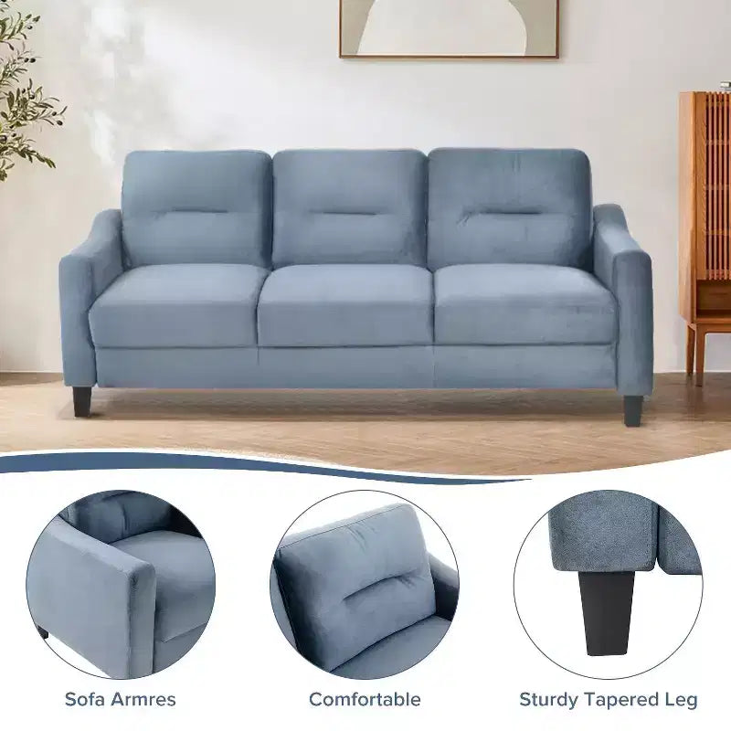 Canapé trois places en velours gris, style Mid-Century, avec ressorts en U et structure en bois massif