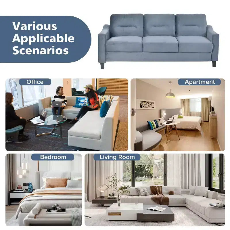 Canapé trois places en velours gris, style Mid-Century, avec ressorts en U et structure en bois massif