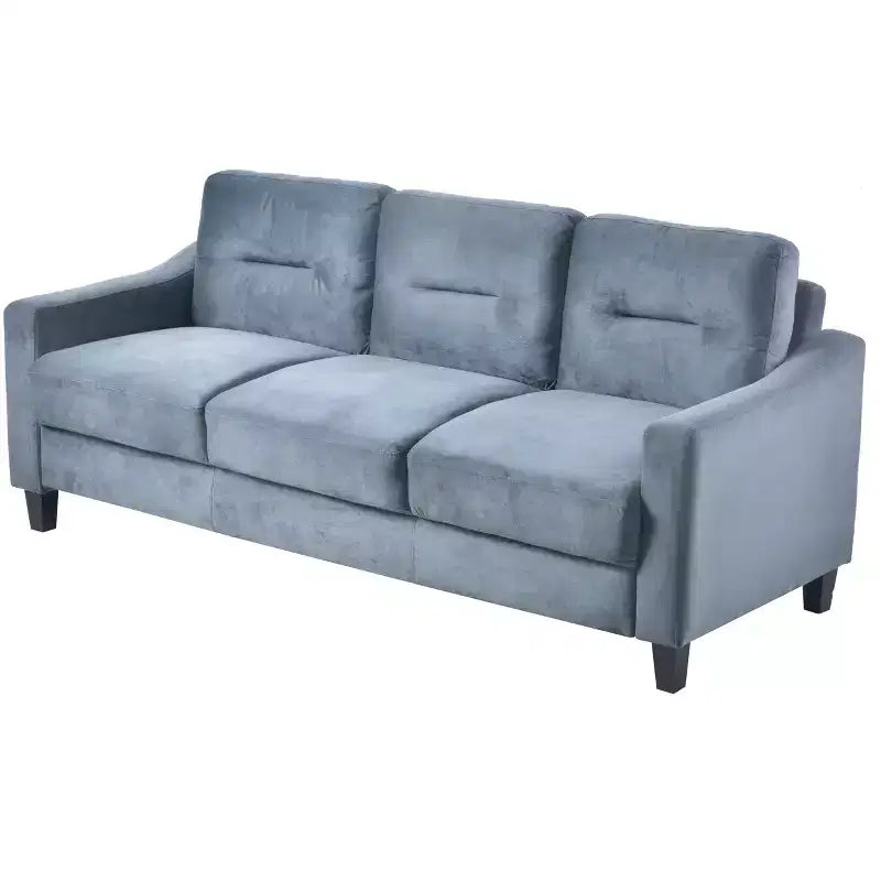 Canapé trois places en velours gris, style Mid-Century, avec ressorts en U et structure en bois massif