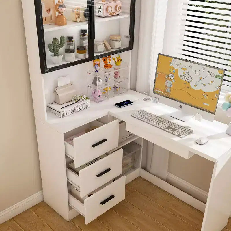 Bureau d'angle moderne en L de 43" avec armoires vitrées, étagères de rangement et plateau de clavier