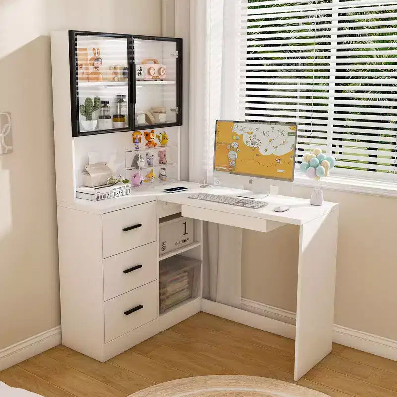 Bureau d'angle moderne en L de 43" avec armoires vitrées, étagères de rangement et plateau de clavier