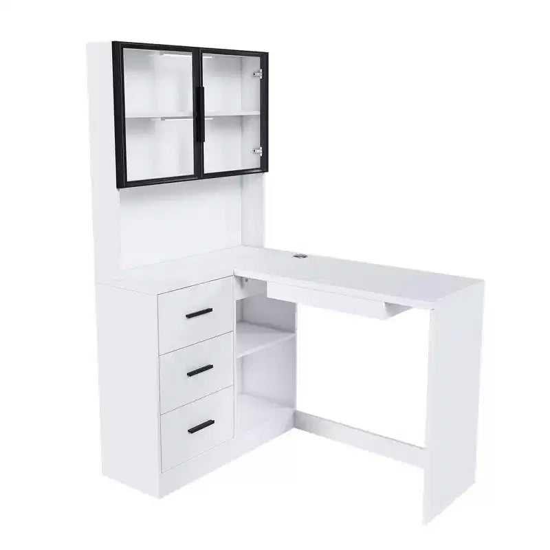 Bureau d'angle moderne en L de 43" avec armoires vitrées, étagères de rangement et plateau de clavier