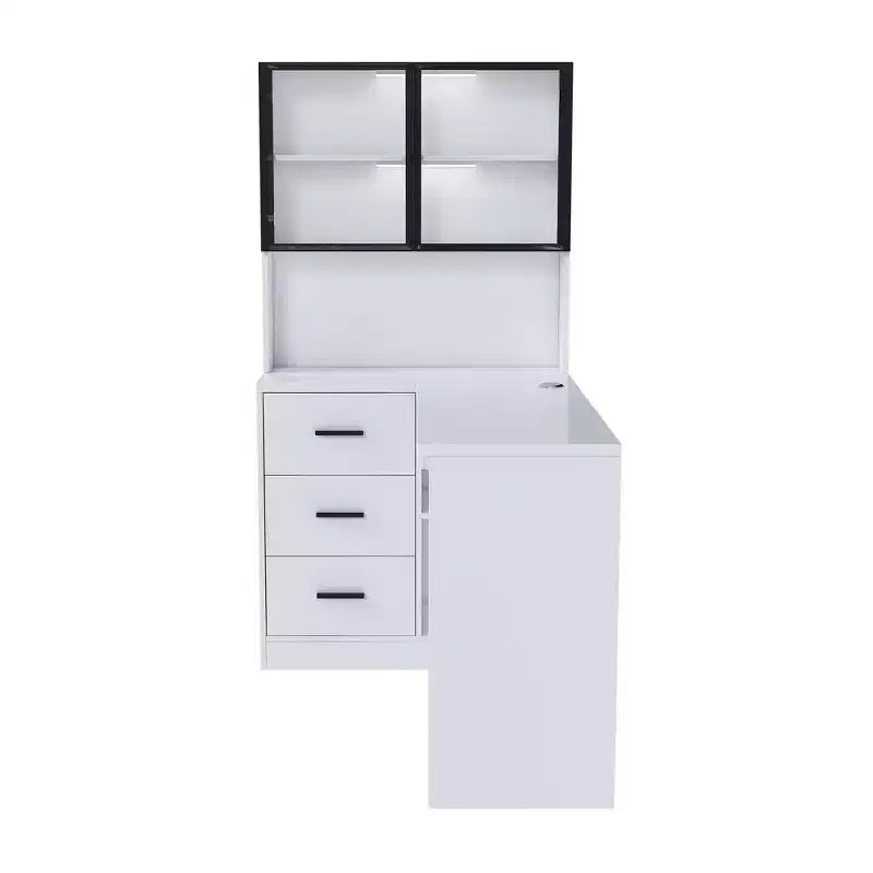 Bureau d'angle moderne en L de 43" avec armoires vitrées, étagères de rangement et plateau de clavier