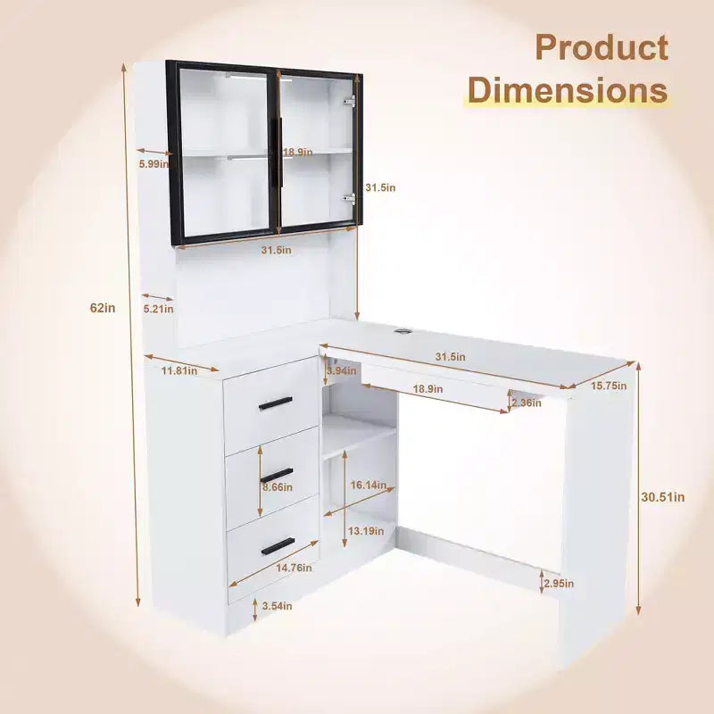 Bureau d'angle moderne en L de 43" avec armoires vitrées, étagères de rangement et plateau de clavier
