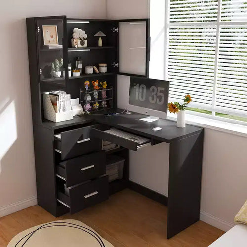 Bureau d'angle moderne en L de 43" avec armoires vitrées, étagères de rangement et plateau de clavier