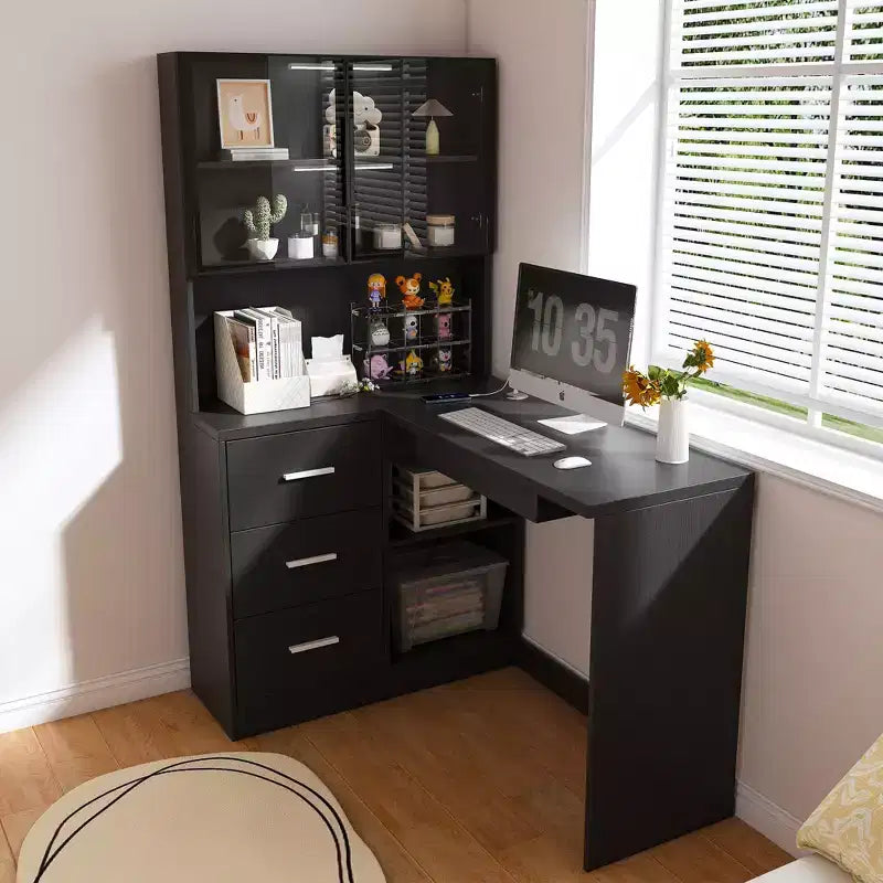 Bureau d'angle moderne en L de 43" avec armoires vitrées, étagères de rangement et plateau de clavier