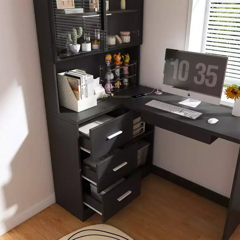 Bureau d'angle moderne en L de 43" avec armoires vitrées, étagères de rangement et plateau de clavier