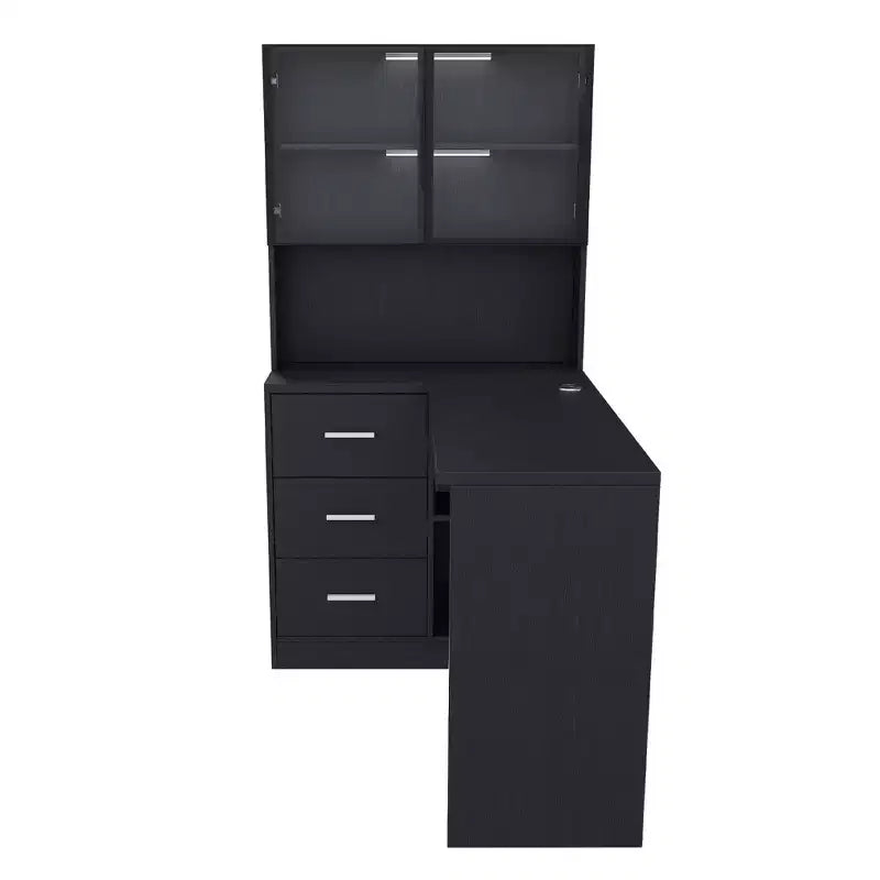 Bureau d'angle moderne en L de 43" avec armoires vitrées, étagères de rangement et plateau de clavier