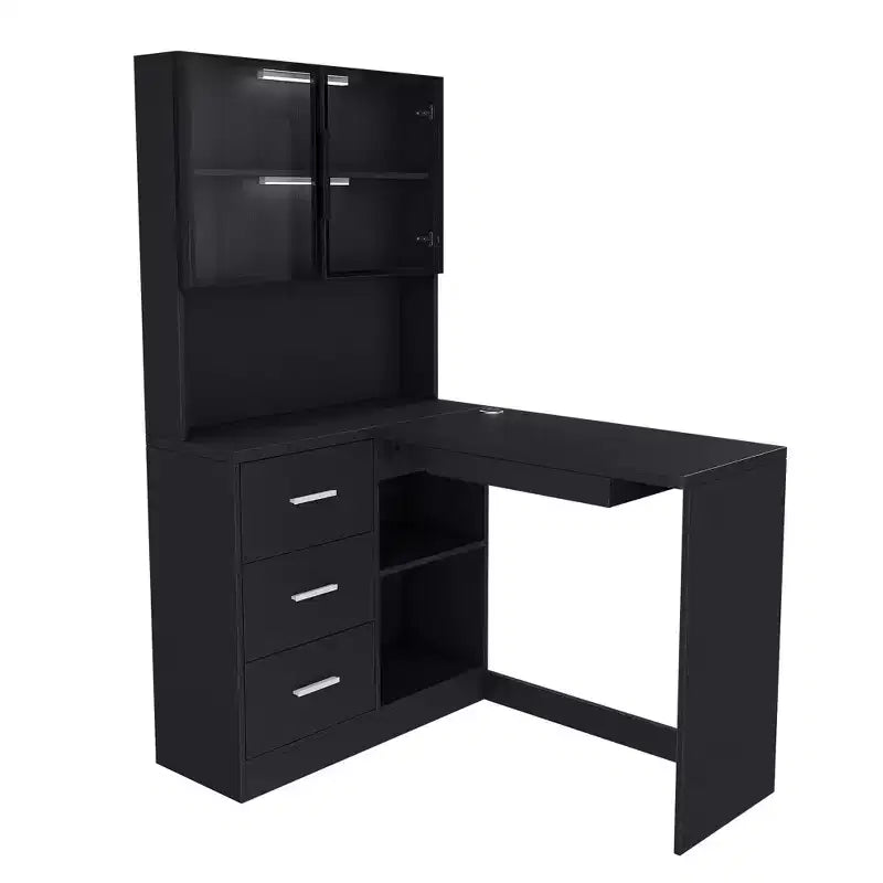 Bureau d'angle moderne en L de 43" avec armoires vitrées, étagères de rangement et plateau de clavier