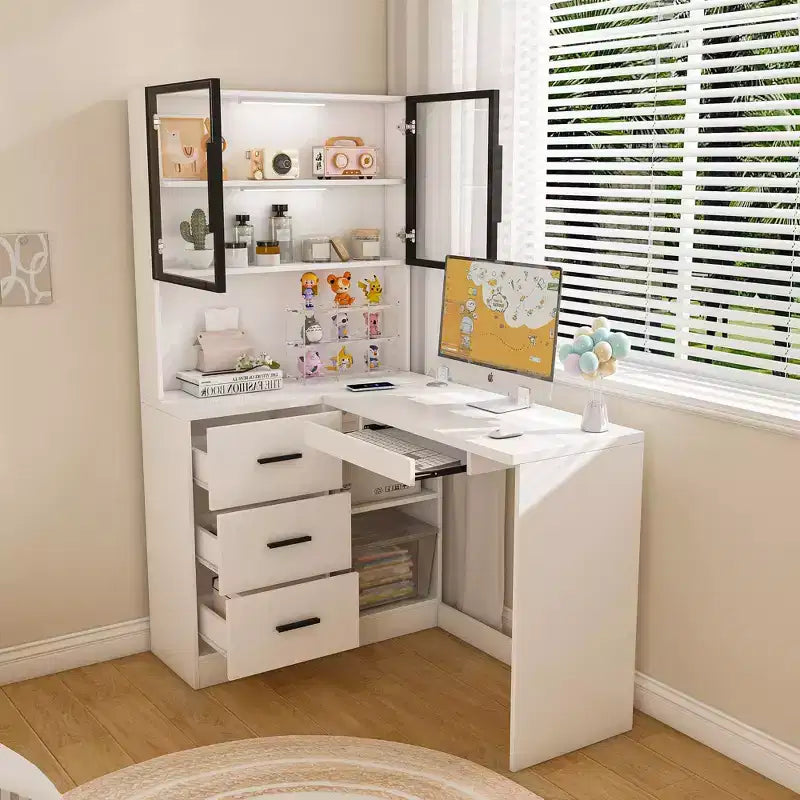 Bureau d'angle moderne en L de 43" avec armoires vitrées, étagères de rangement et plateau de clavier