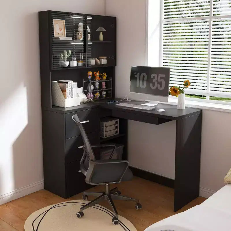 Bureau d'angle moderne en L de 43" avec armoires vitrées, étagères de rangement et plateau de clavier