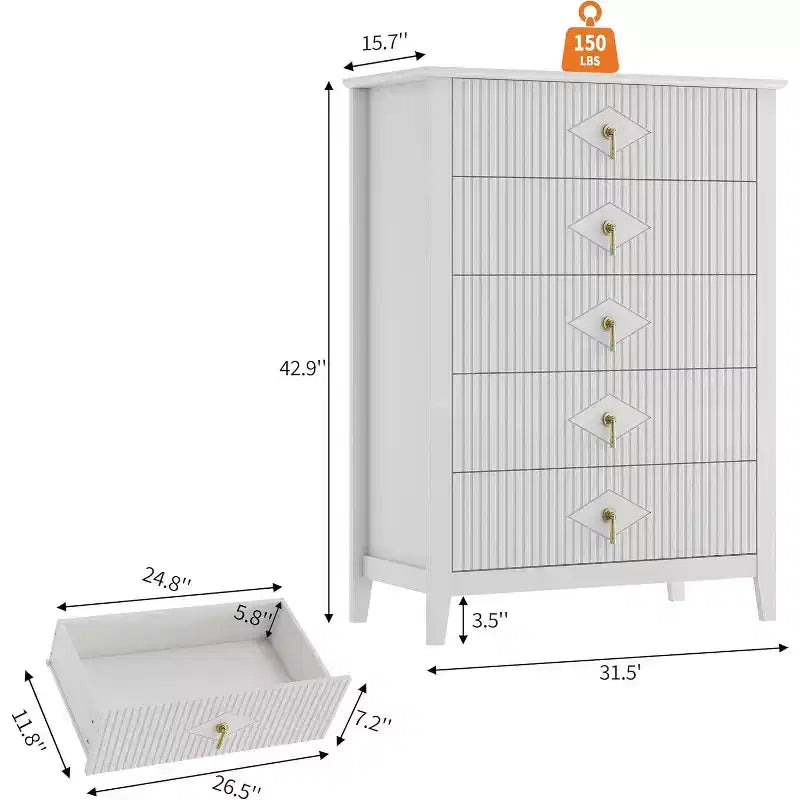 Commode cannelée à 6 tiroirs de 54 po – Armoire de rangement en bois moderne pour chambre et salon