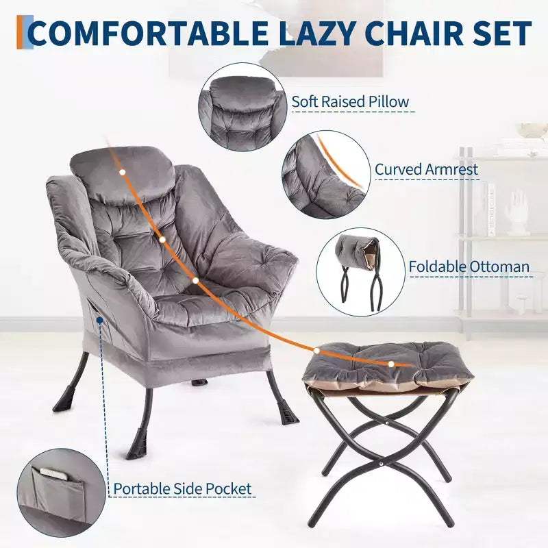 Fauteuil inclinable avec pouf, oreiller et poche latérale – Salon et chambre à coucher