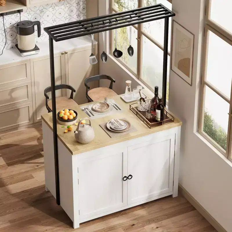 Meuble îlot de cuisine de 41 po – Corps blanc vintage avec dessus en bois naturel