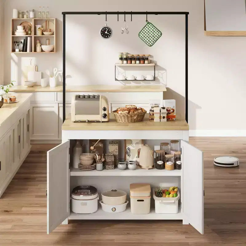 Meuble îlot de cuisine de 41 po – Corps blanc vintage avec dessus en bois naturel