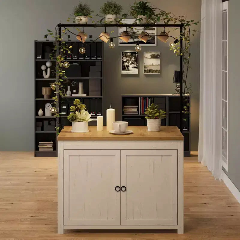 Meuble îlot de cuisine de 41 po – Corps blanc vintage avec dessus en bois naturel