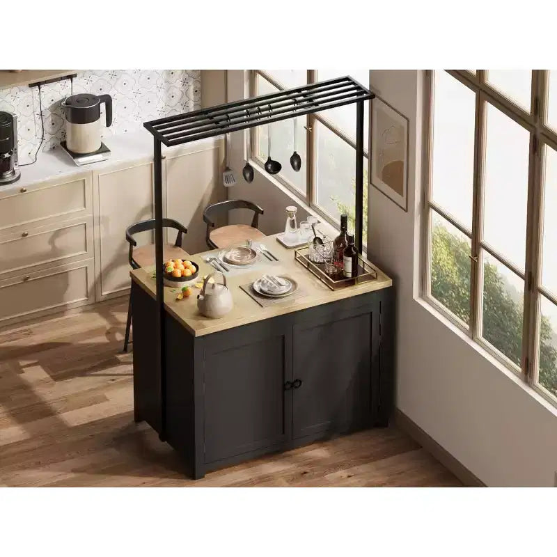 Meuble îlot de cuisine de 41 po – Corps blanc vintage avec dessus en bois naturel