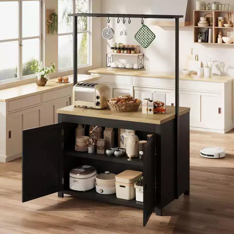 Meuble îlot de cuisine de 41 po – Corps blanc vintage avec dessus en bois naturel