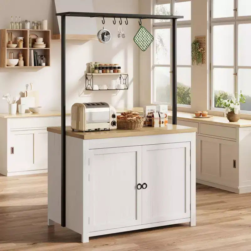 Meuble îlot de cuisine de 41 po – Corps blanc vintage avec dessus en bois naturel