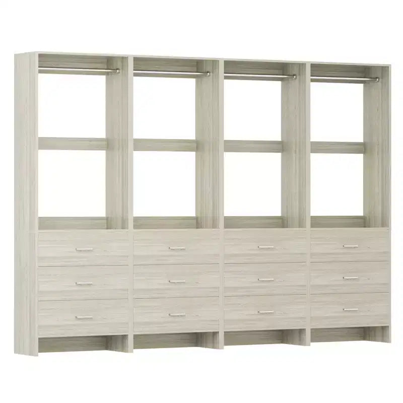 Système d'organisation de placard autoportant avec 3 tiroirs en bois et une tringle de suspension