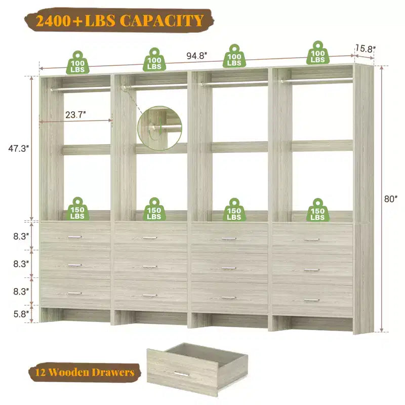 Système d'organisation de placard autoportant avec 3 tiroirs en bois et une tringle de suspension