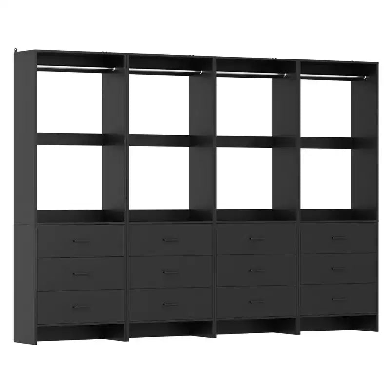 Système d'organisation de placard autoportant avec 3 tiroirs en bois et une tringle de suspension