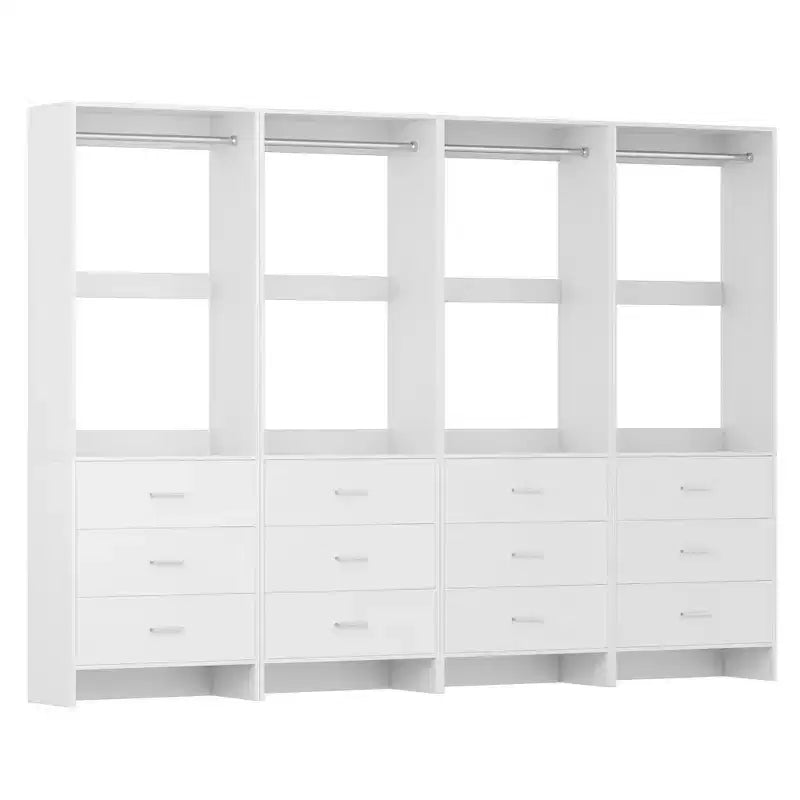Système d'organisation de placard autoportant avec 3 tiroirs en bois et une tringle de suspension