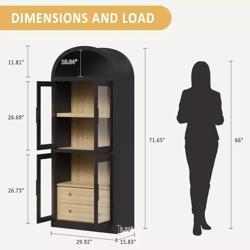 Bibliothèque haute à arche, 182 cm, avec 2 tiroirs intérieurs, meuble de rangement autonome avec dispositif anti-basculement, convient pour le salon, la chambre à coucher