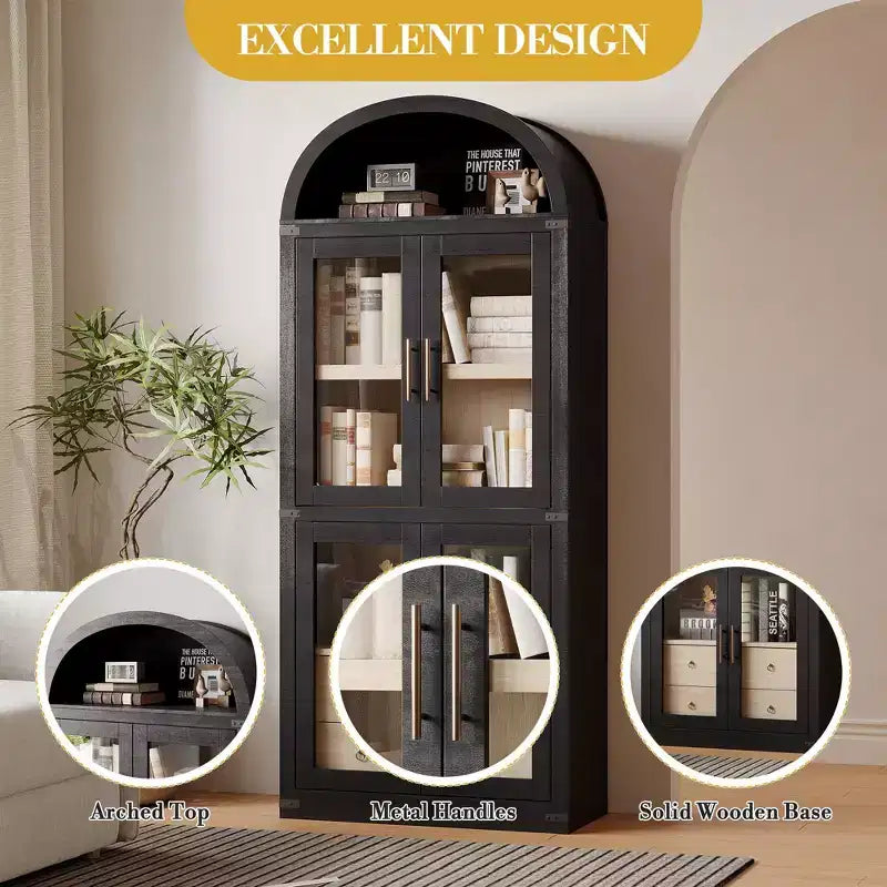 Bibliothèque haute à arche, 182 cm, avec 2 tiroirs intérieurs, meuble de rangement autonome avec dispositif anti-basculement, convient pour le salon, la chambre à coucher