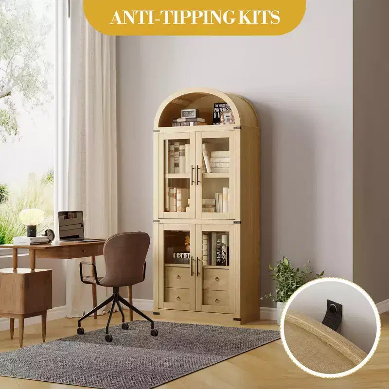 Bibliothèque haute à arche, 182 cm, avec 2 tiroirs intérieurs, meuble de rangement autonome avec dispositif anti-basculement, convient pour le salon, la chambre à coucher