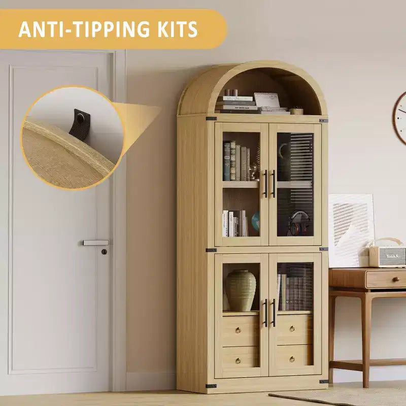 Bibliothèque haute à arche, 182 cm, avec 2 tiroirs intérieurs, meuble de rangement autonome avec dispositif anti-basculement, convient pour le salon, la chambre à coucher