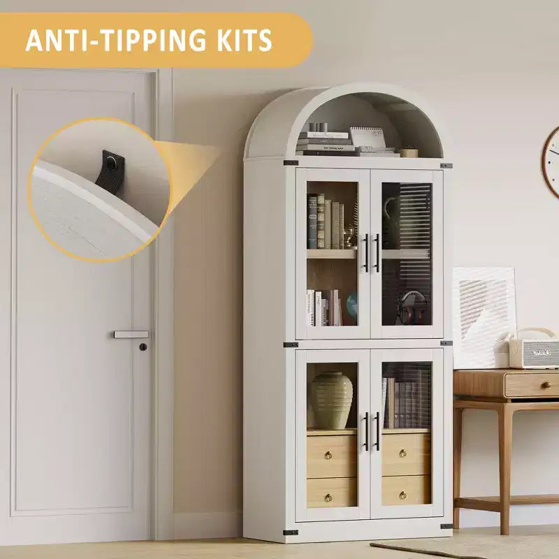 Bibliothèque haute à arche, 182 cm, avec 2 tiroirs intérieurs, meuble de rangement autonome avec dispositif anti-basculement, convient pour le salon, la chambre à coucher